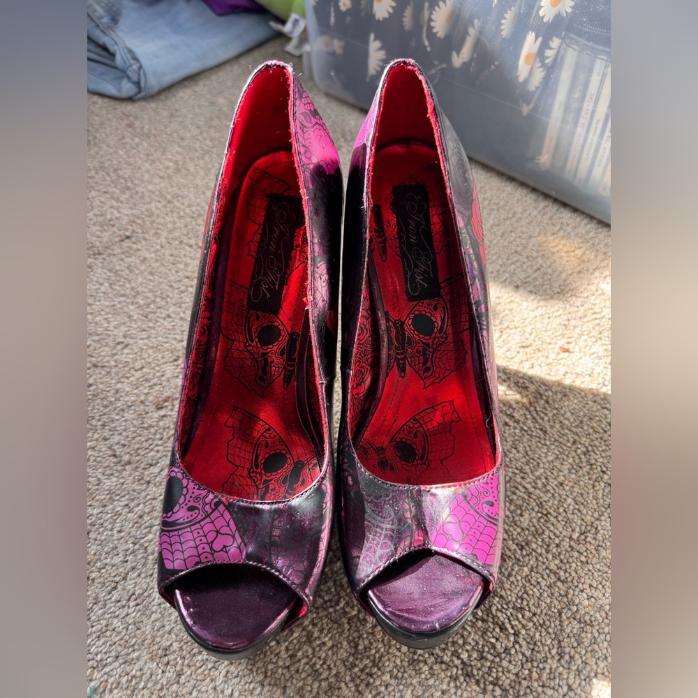 Iron Fist Pink and Purple Peep-Toe Heels with Skull Motif